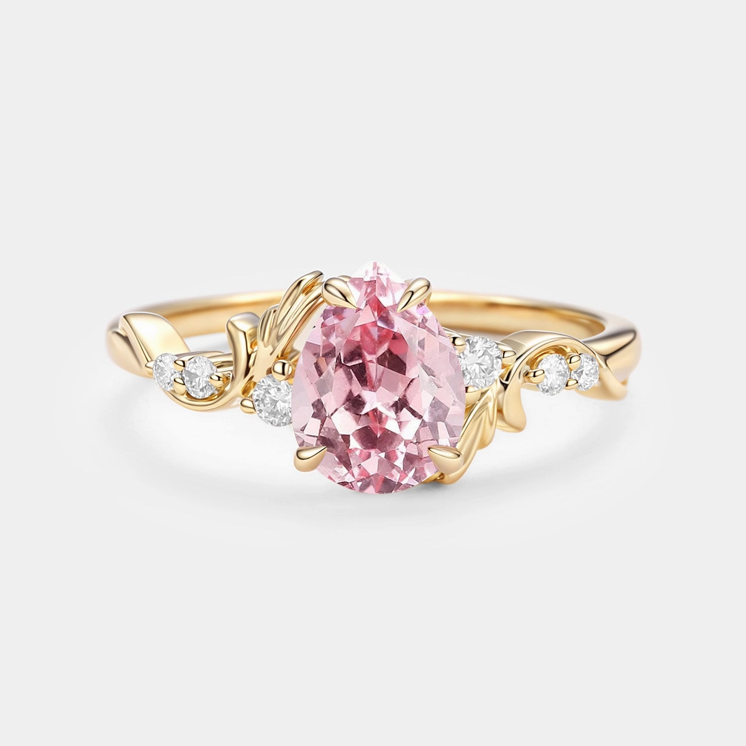 Pear Cut Lab Pink Sapphire Leafy Engagement Ring - Briar Refined Quality