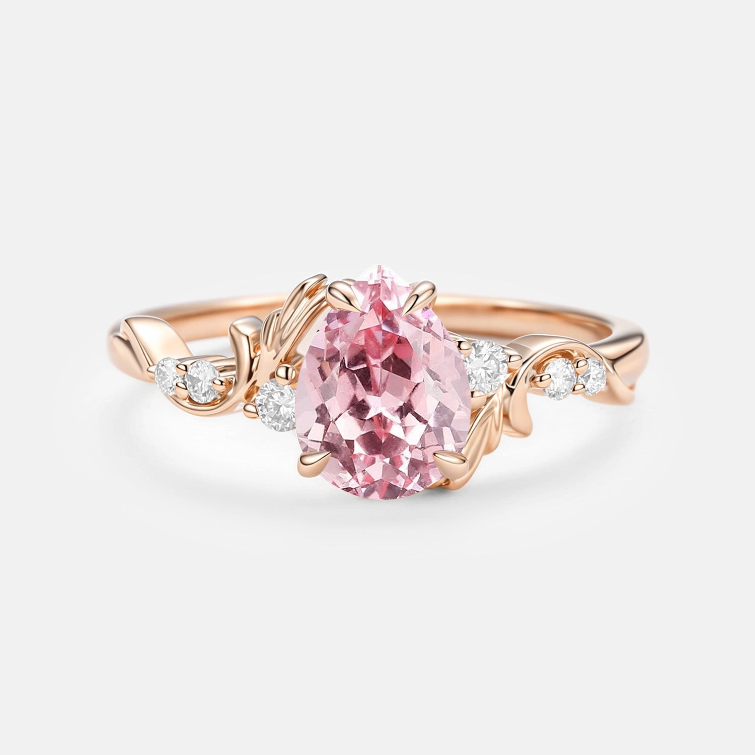 Pear Cut Lab Pink Sapphire Leafy Engagement Ring - Briar Polished Spark Clean Accent