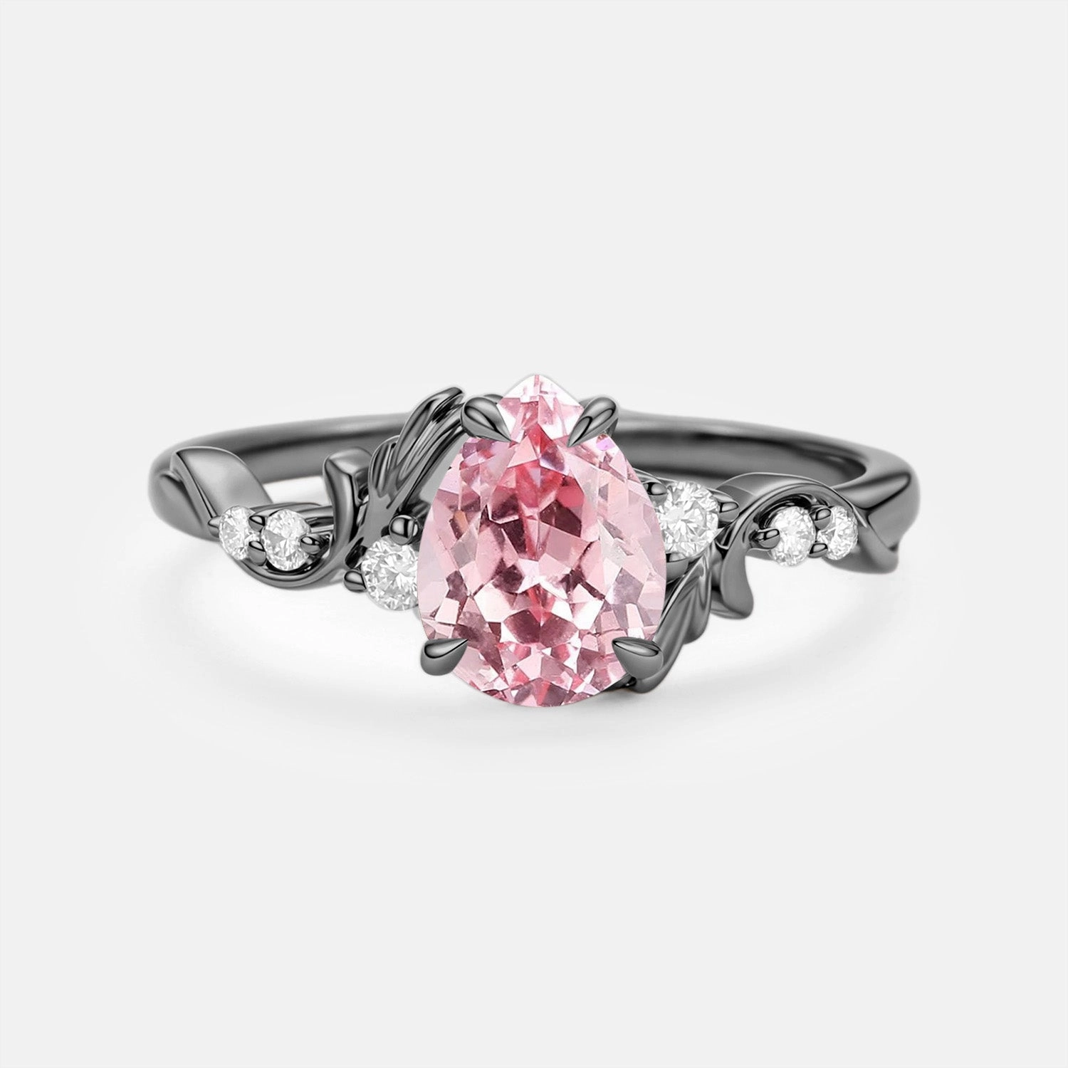 Pear Cut Lab Pink Sapphire Leafy Engagement Ring - Briar Radiant Spark
