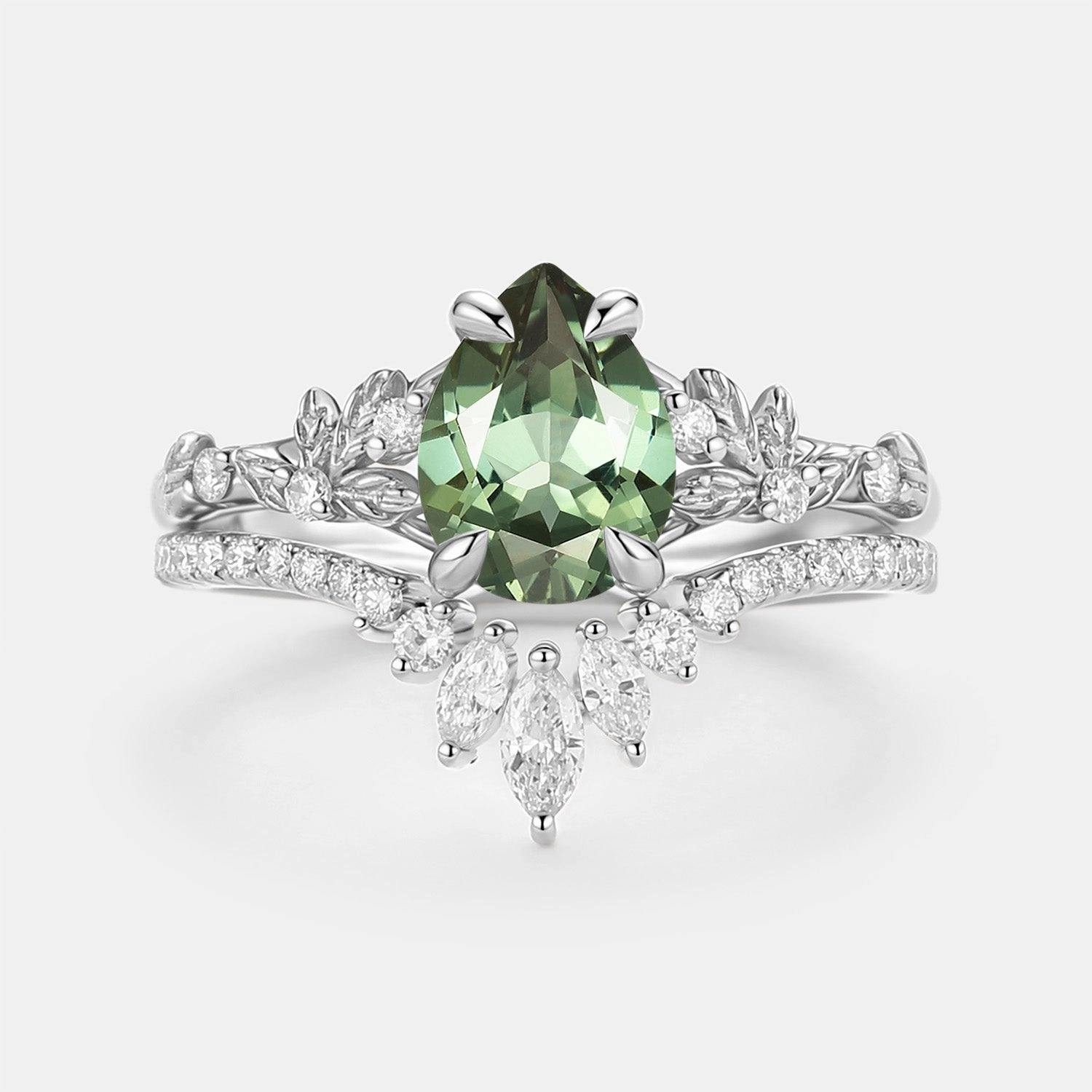 Sturdy Work Pear Cut Leafy Lab Green Sapphire Engagement Ring Set 2pcs - Kestrel