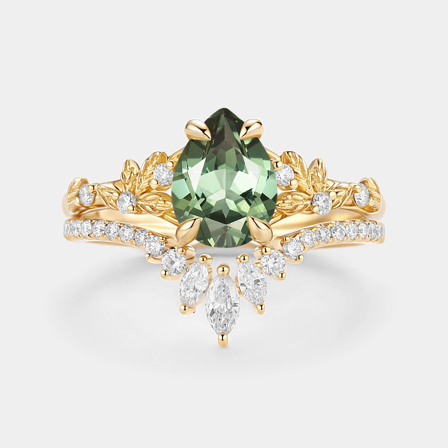 Classic Sign HighEnd Piece Pear Cut Leafy Lab Green Sapphire Engagement Ring Set 2pcs - Kestrel