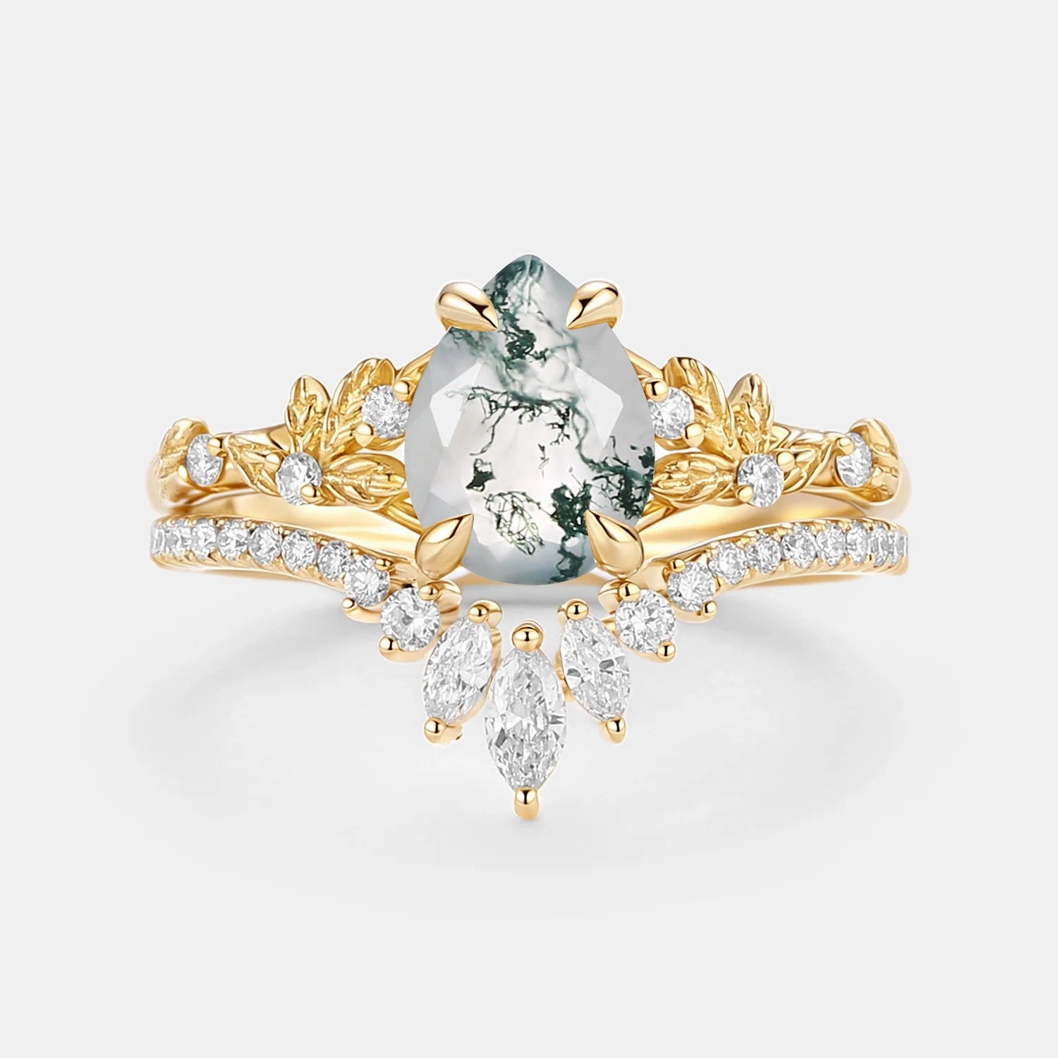 Pear Cut Leafy Moss Agate Engagement Ring Set 2pcs - Kestrel Seasonal Edge