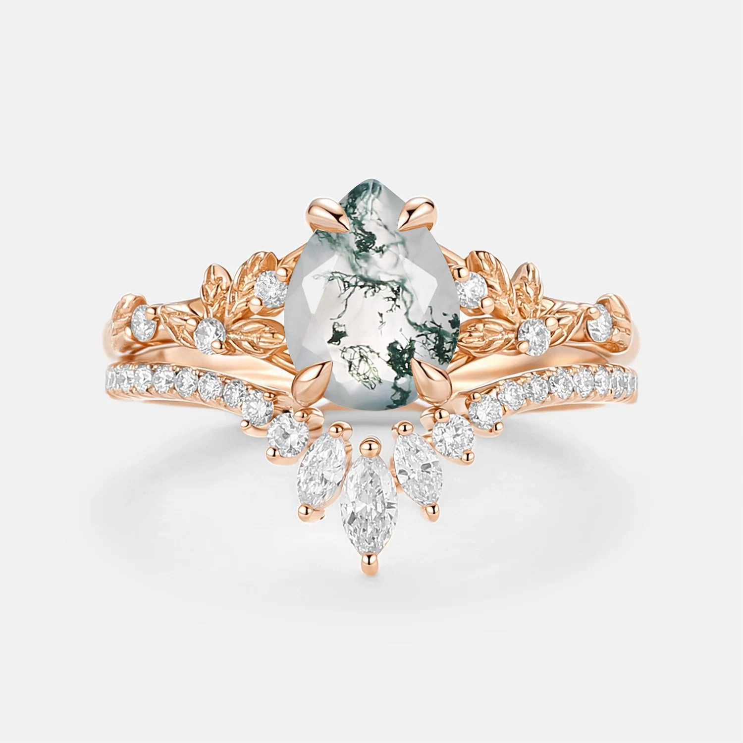 Pear Cut Leafy Moss Agate Engagement Ring Set 2pcs - Kestrel Shimmer Accent Must have item