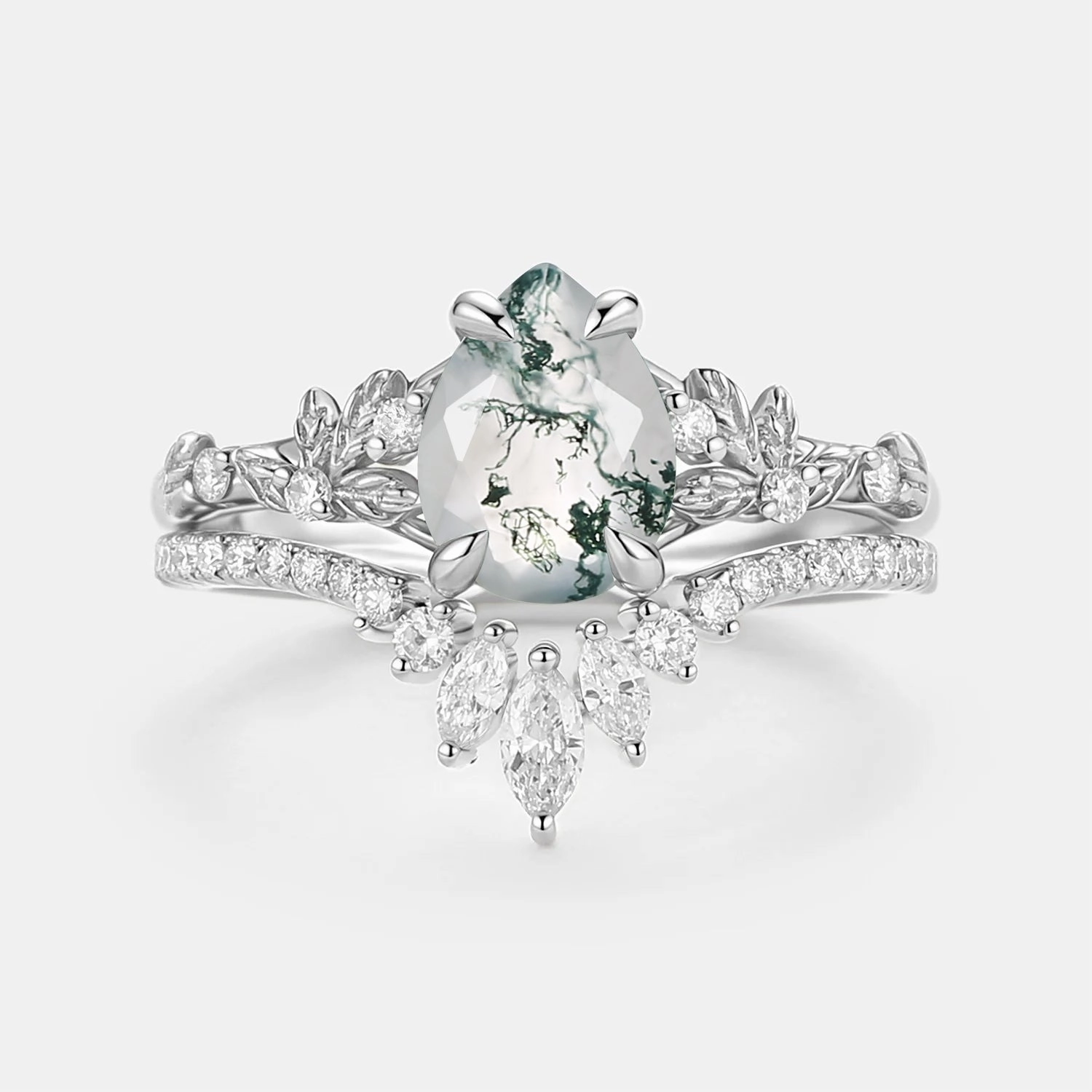 Pear Cut Leafy Moss Agate Engagement Ring Set 2pcs - Kestrel Dressy look