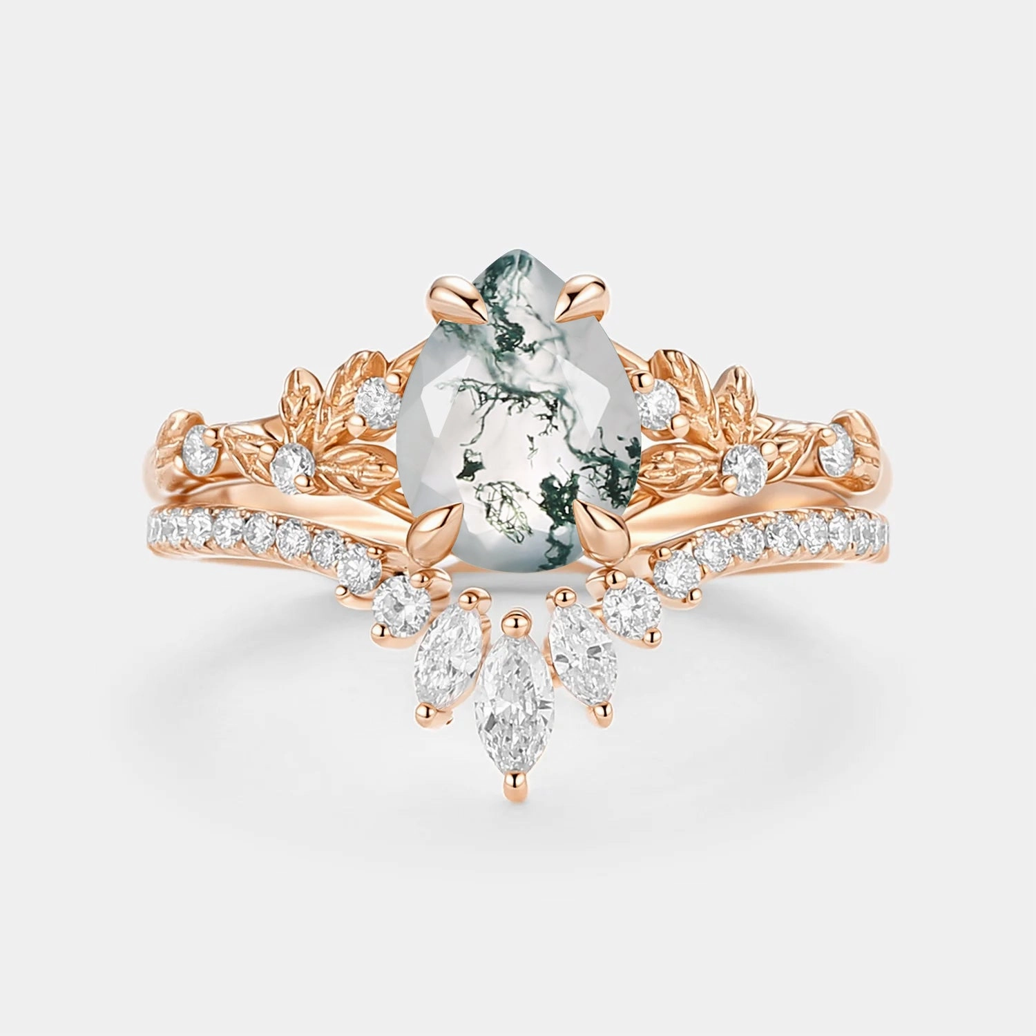 Event Accessory Pear Cut Leafy Moss Agate Engagement Ring Set 2pcs - Kestrel