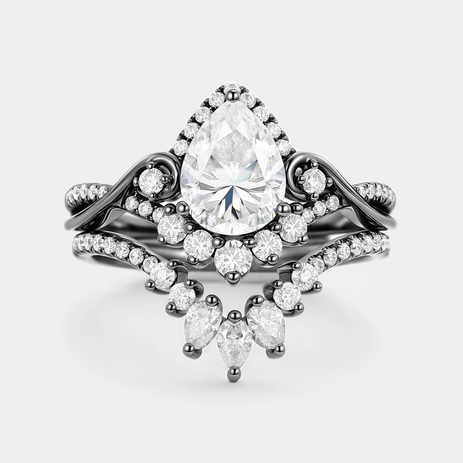 Shining Craft Pear Cut Moissanite Cluster Engagement Ring Set 2pcs