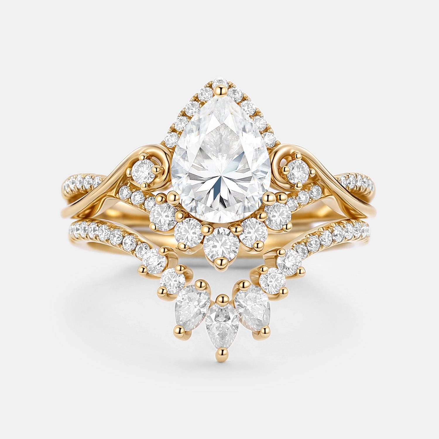 Eye-catching Design Casual Classic Pear Cut Moissanite Cluster Engagement Ring Set 2pcs