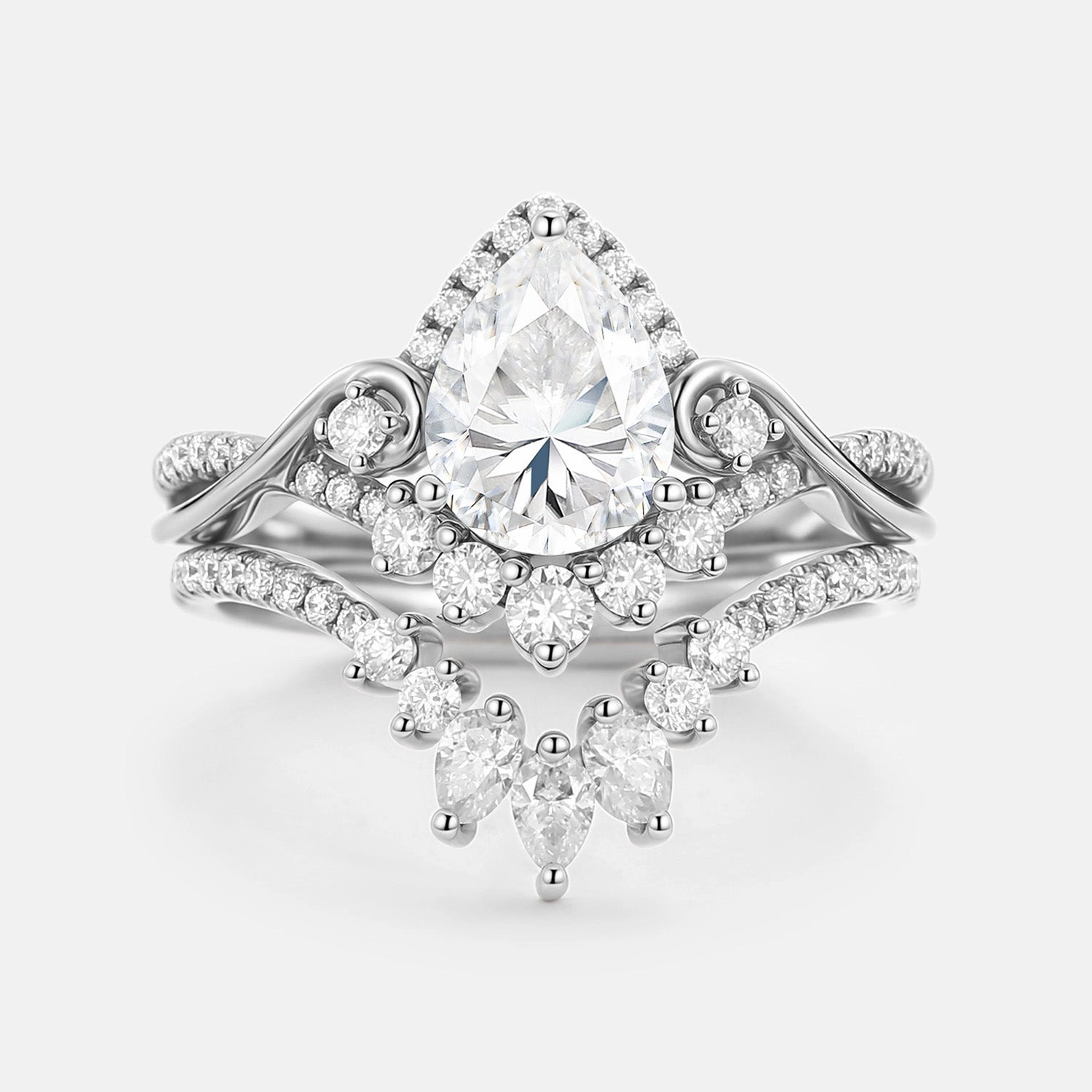 Polished Mood Evening Sparkle Pear Cut Moissanite Cluster Engagement Ring Set 2pcs