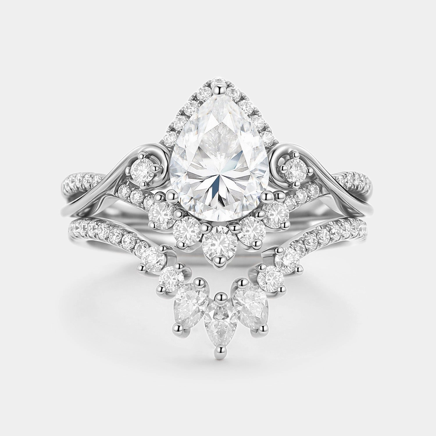 Recycled Content Pear Cut Moissanite Cluster Engagement Ring Set 2pcs