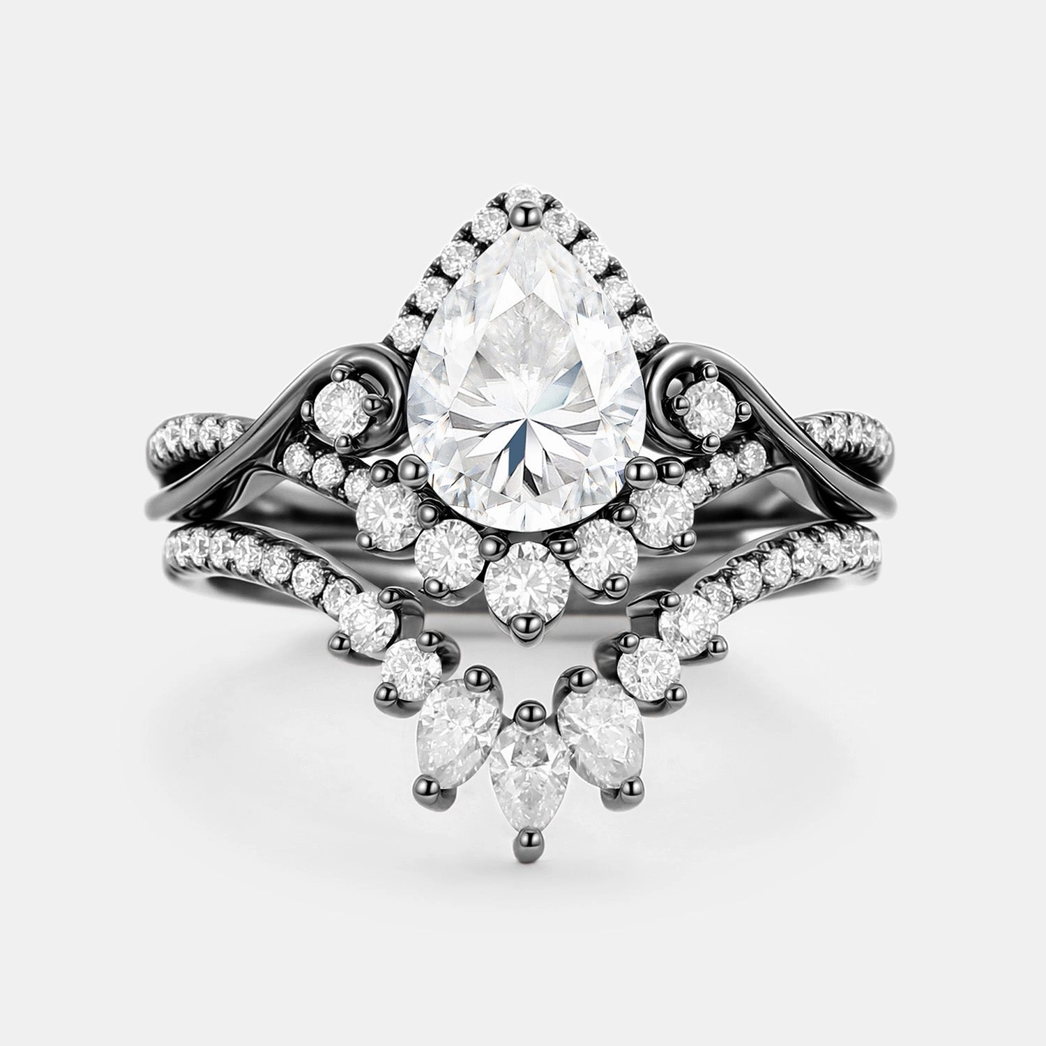 Celebration Gift Secure Work Pear Cut Moissanite Cluster Engagement Ring Set 2pcs