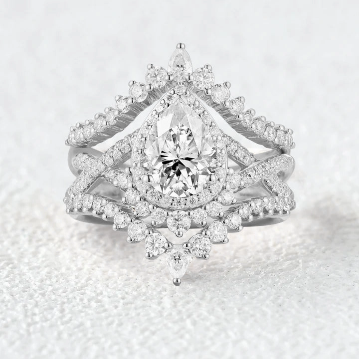 Casual Classic Pear Cut Moissanite Halo Infinity Engagement Ring Sets 3pcs
