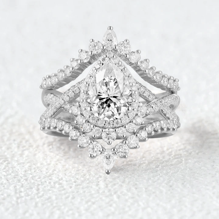 Pear Cut Moissanite Halo Infinity Engagement Ring Sets 3pcs Vogue Touch Brilliant Finish