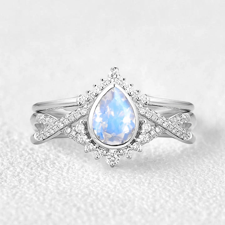 Dramatic Detail Final Touch Pear Cut Moonstone Bezel Infinity Engagement Ring Set 2pcs