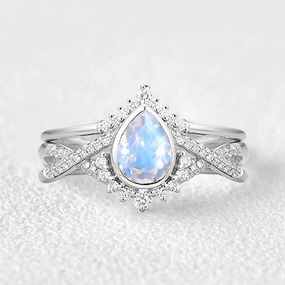 Sweetheart Gift Pear Cut Moonstone Bezel Infinity Engagement Ring Set 2pcs