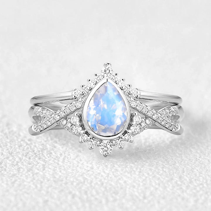 Pear Cut Moonstone Bezel Infinity Engagement Ring Set 2pcs All Match gift for kids