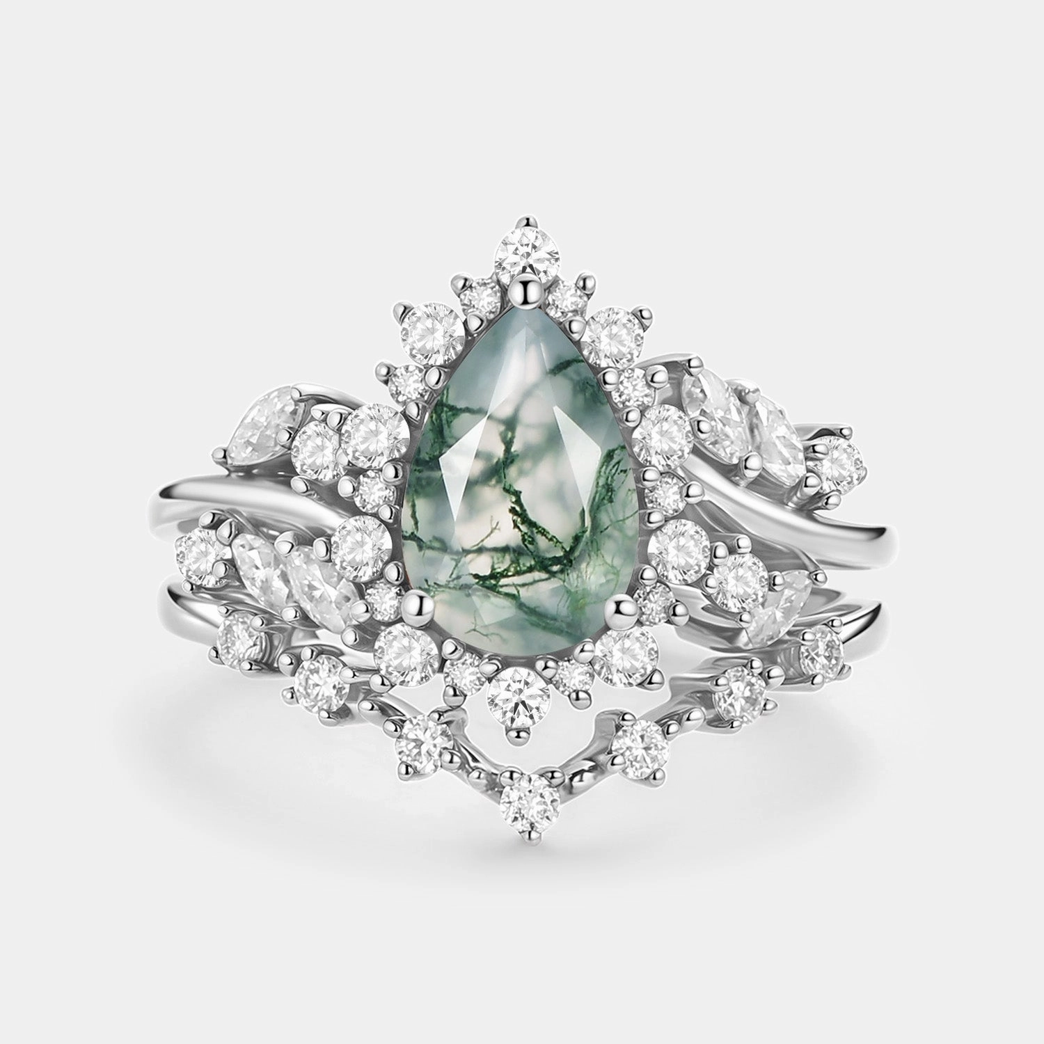 Glamorous Mood Quiet Glow Pear Cut Moss Agate Cluster Engagement Ring Set 2pcs - Kaelin