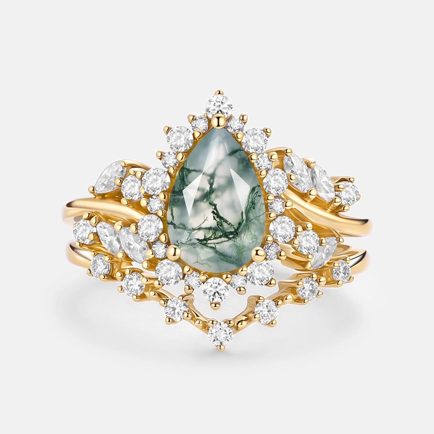 Shining Edge Pear Cut Moss Agate Cluster Engagement Ring Set 2pcs - Kaelin