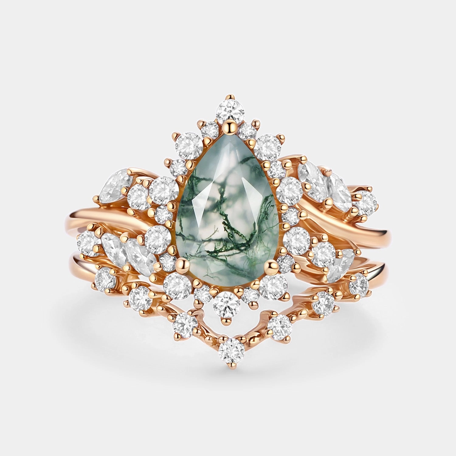 Pear Cut Moss Agate Cluster Engagement Ring Set 2pcs - Kaelin Gleaming Gem Luminous Touch