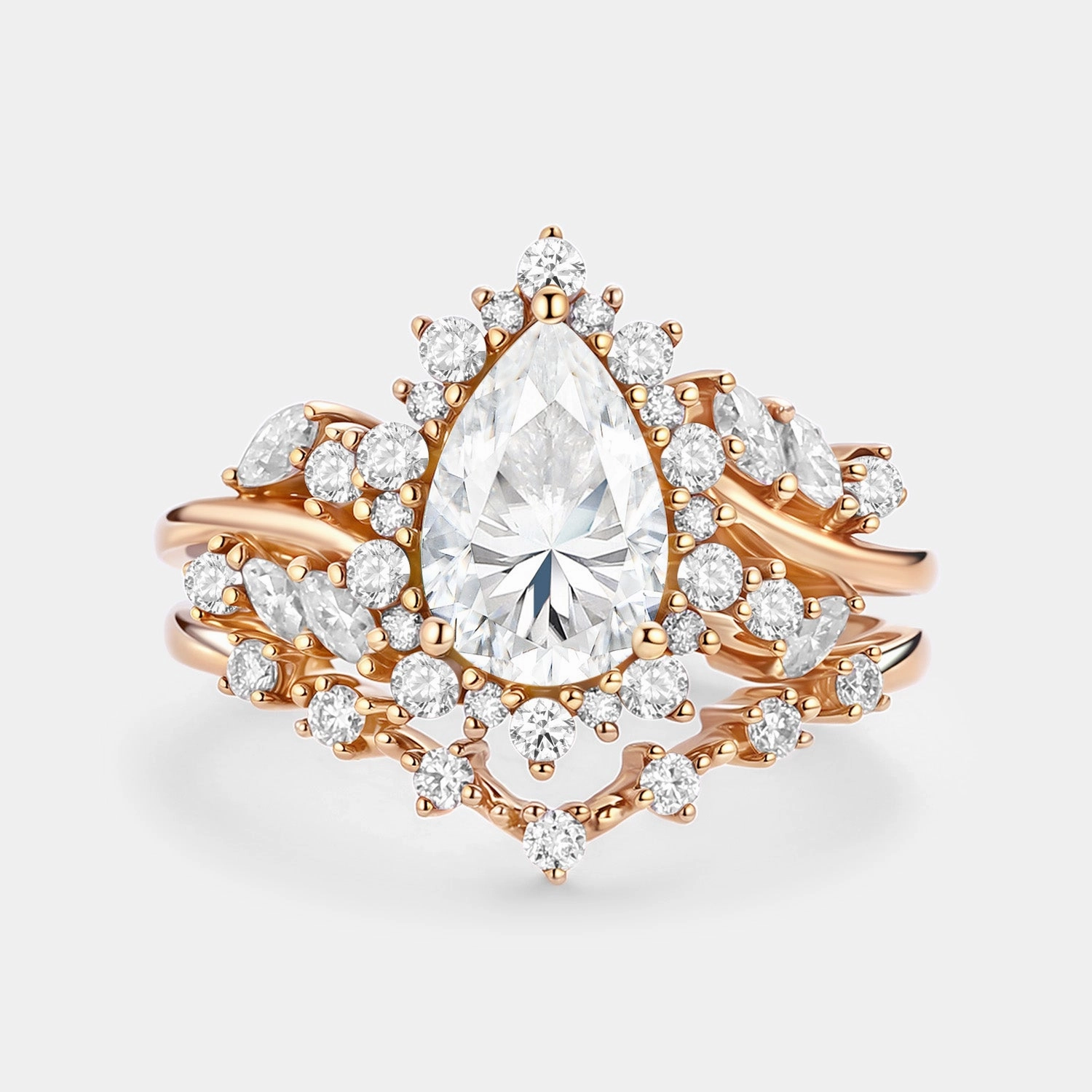 Ornate Gift Pear Cut Moss Agate Cluster Engagement Ring Set 2pcs - Kaelin