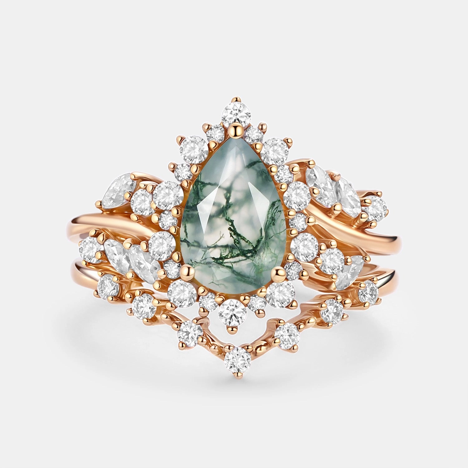 Lightweight Piece Matching accessory Pear Cut Moss Agate Cluster Engagement Ring Set 2pcs - Kaelin