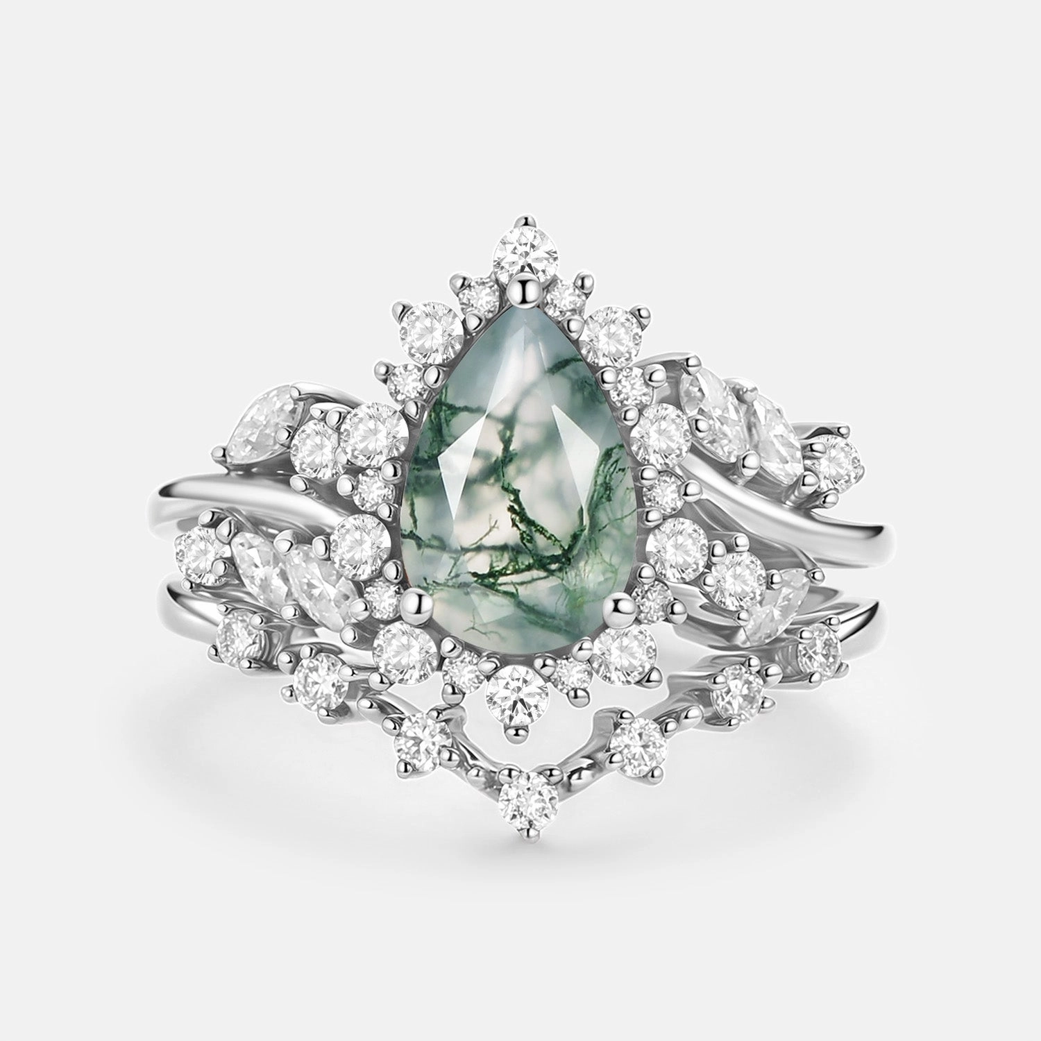 Pear Cut Moss Agate Cluster Engagement Ring Set 2pcs - Kaelin Gentle Finish