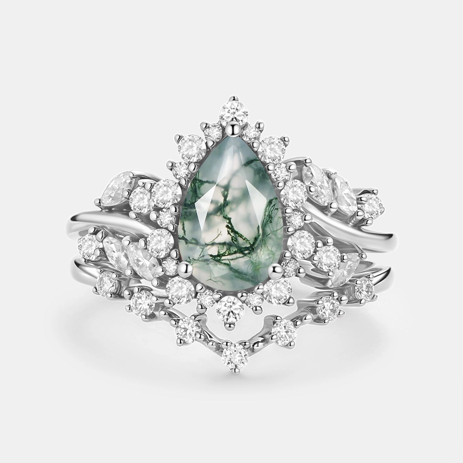 Pear Cut Moss Agate Cluster Engagement Ring Set 2pcs - Kaelin Artistic Look Chic Adornment