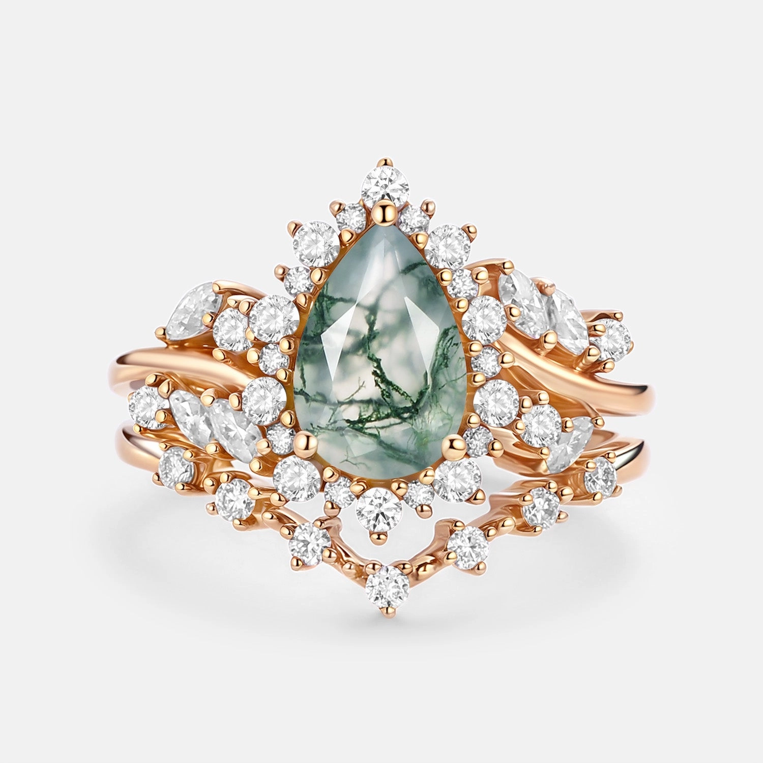 Pear Cut Moss Agate Cluster Engagement Ring Set 2pcs - Kaelin Trendy Edge Graceful Balance