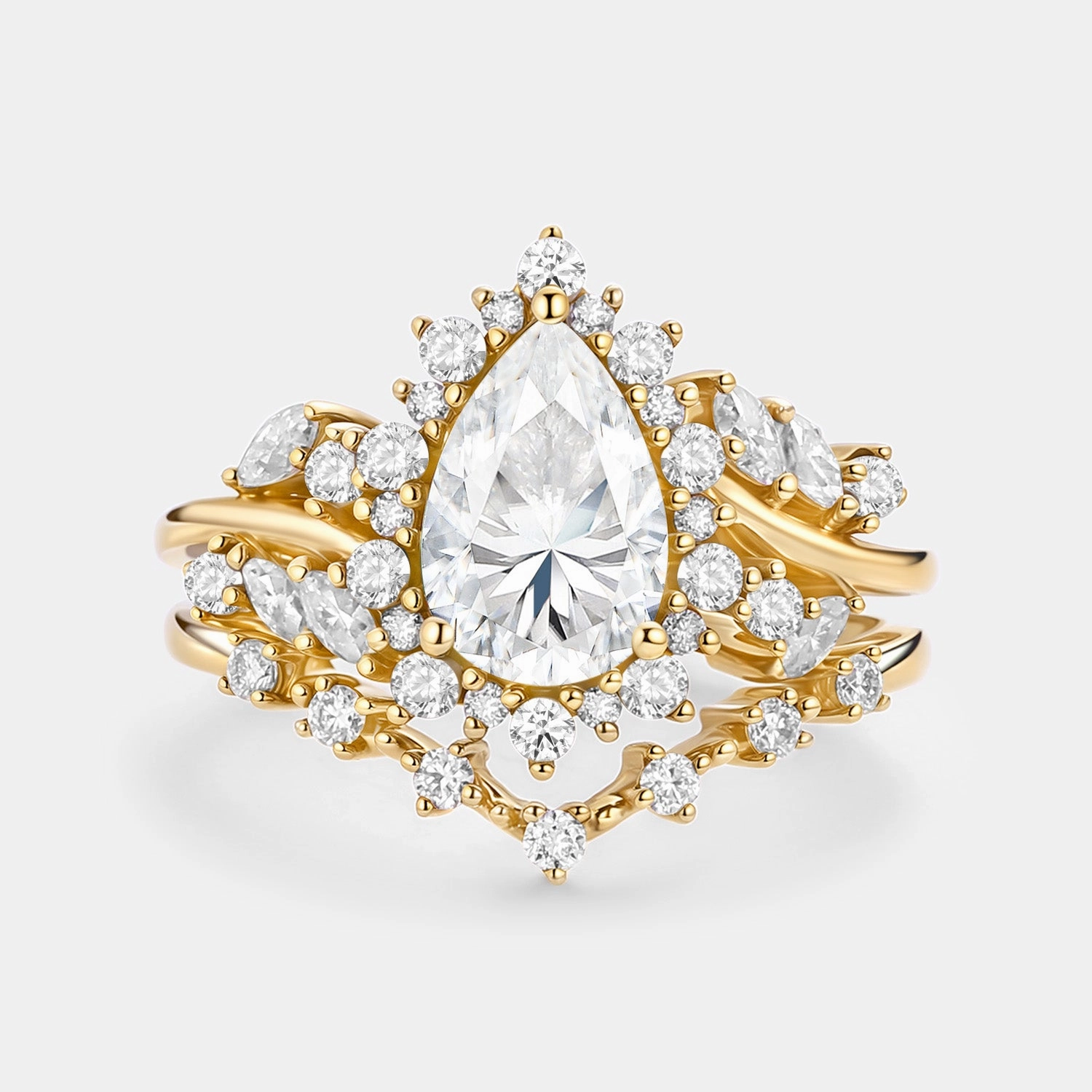 Pear Cut Moss Agate Cluster Engagement Ring Set 2pcs - Kaelin Effortless Style Allure Factor