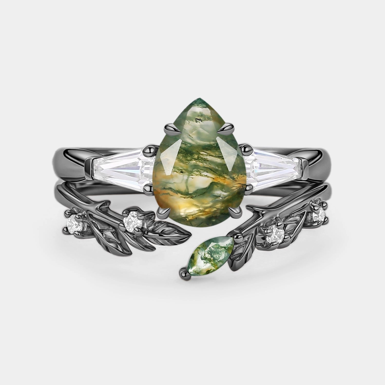 Pear Cut Moss Agate Engagement Ring Set 2pcs - Goldie Artistic Work Bold Symbol