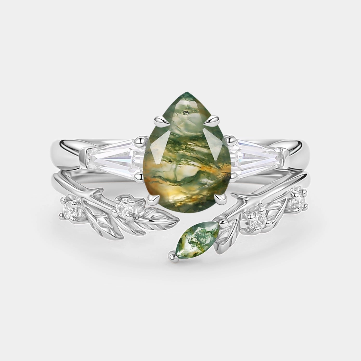 Pear Cut Moss Agate Engagement Ring Set 2pcs - Goldie Glamorous Gifts