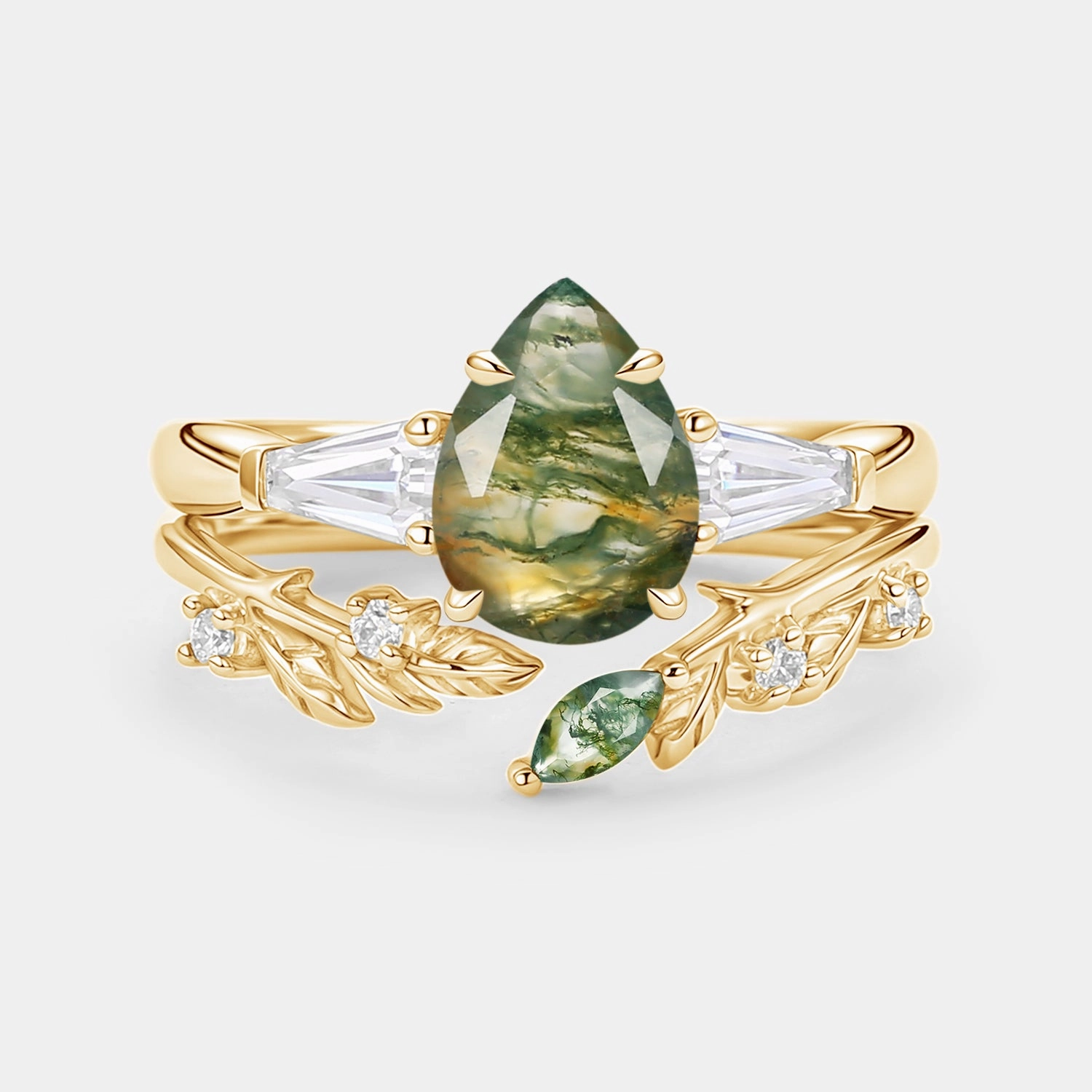 Pear Cut Moss Agate Engagement Ring Set 2pcs - Goldie Refined Expression