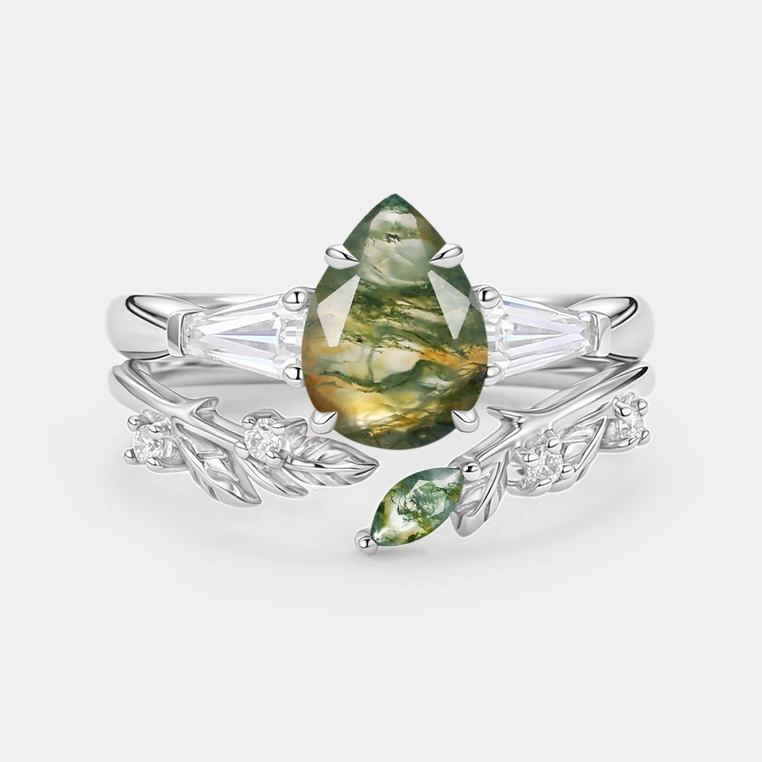 Pear Cut Moss Agate Engagement Ring Set 2pcs - Goldie Premium Choice Gift Pack