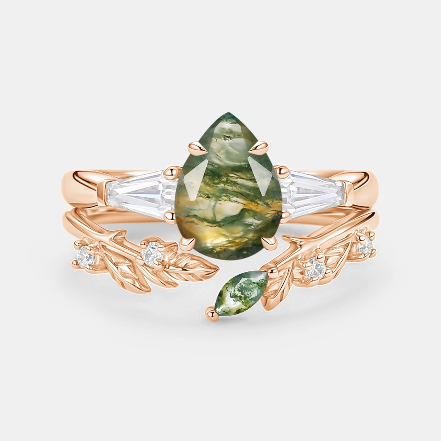 Pear Cut Moss Agate Engagement Ring Set 2pcs - Goldie Sophisticated Embellishments Silk Finish