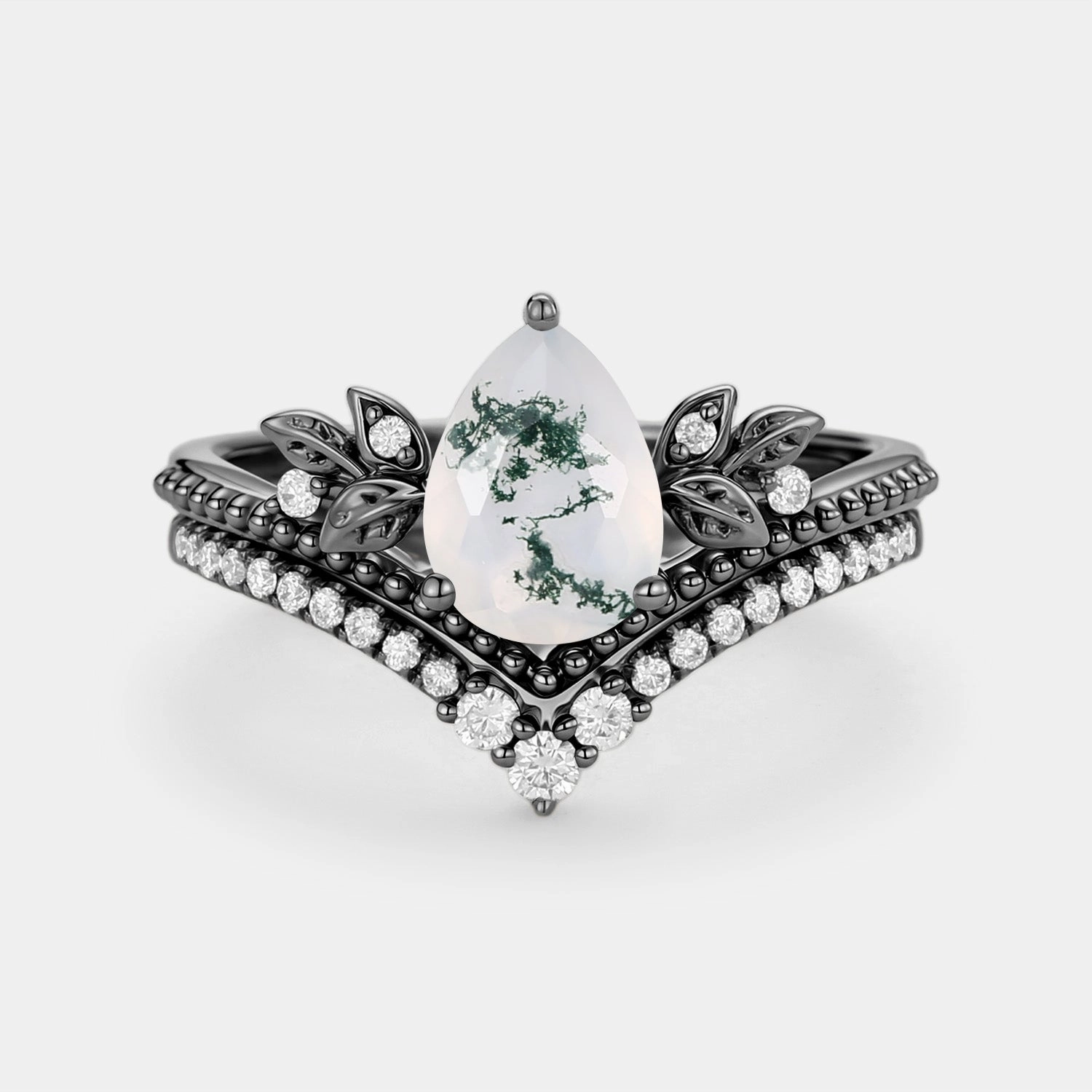 Refined Flow Pear Cut Moss Agate Leafy Ring Set 2pcs - Aureolin