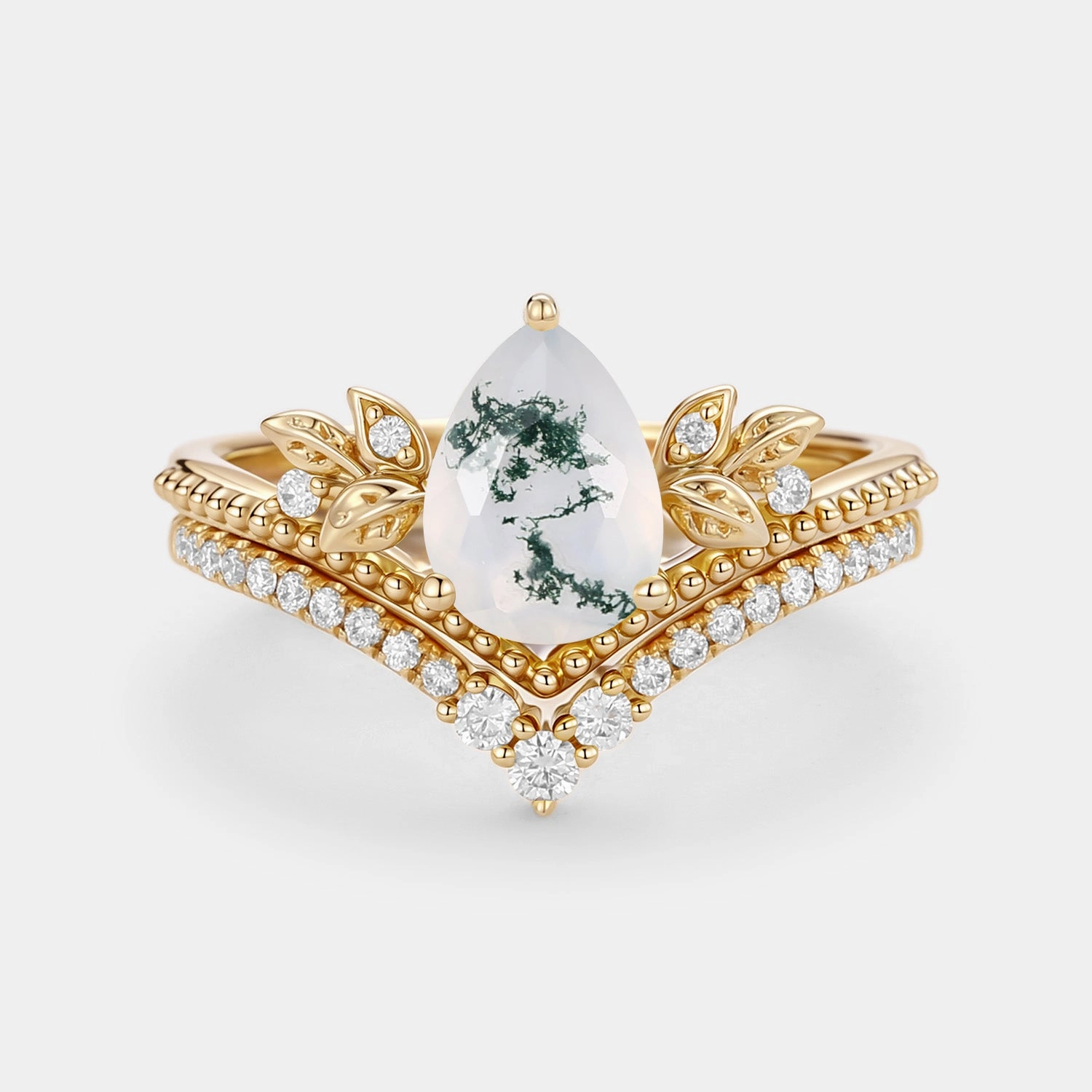 Premium Statement Pear Cut Moss Agate Leafy Ring Set 2pcs - Aureolin