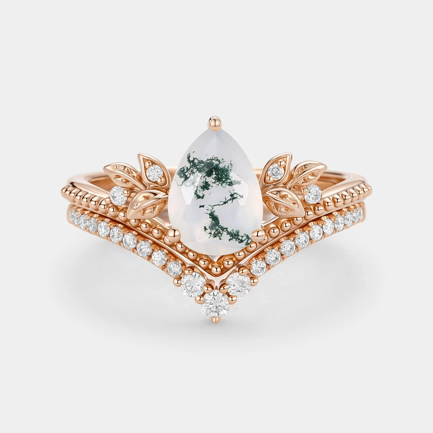 Simple Art Pear Cut Moss Agate Leafy Ring Set 2pcs - Aureolin