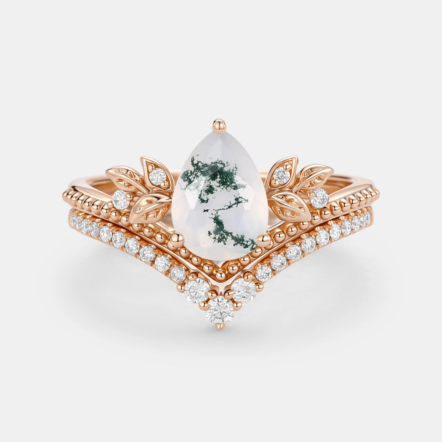Chic Shape Vibrant Gifts Pear Cut Moss Agate Leafy Ring Set 2pcs - Aureolin