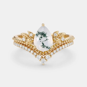 Dazzling Craft Opulent Edge Pear Cut Moss Agate Leafy Ring Set 2pcs - Aureolin