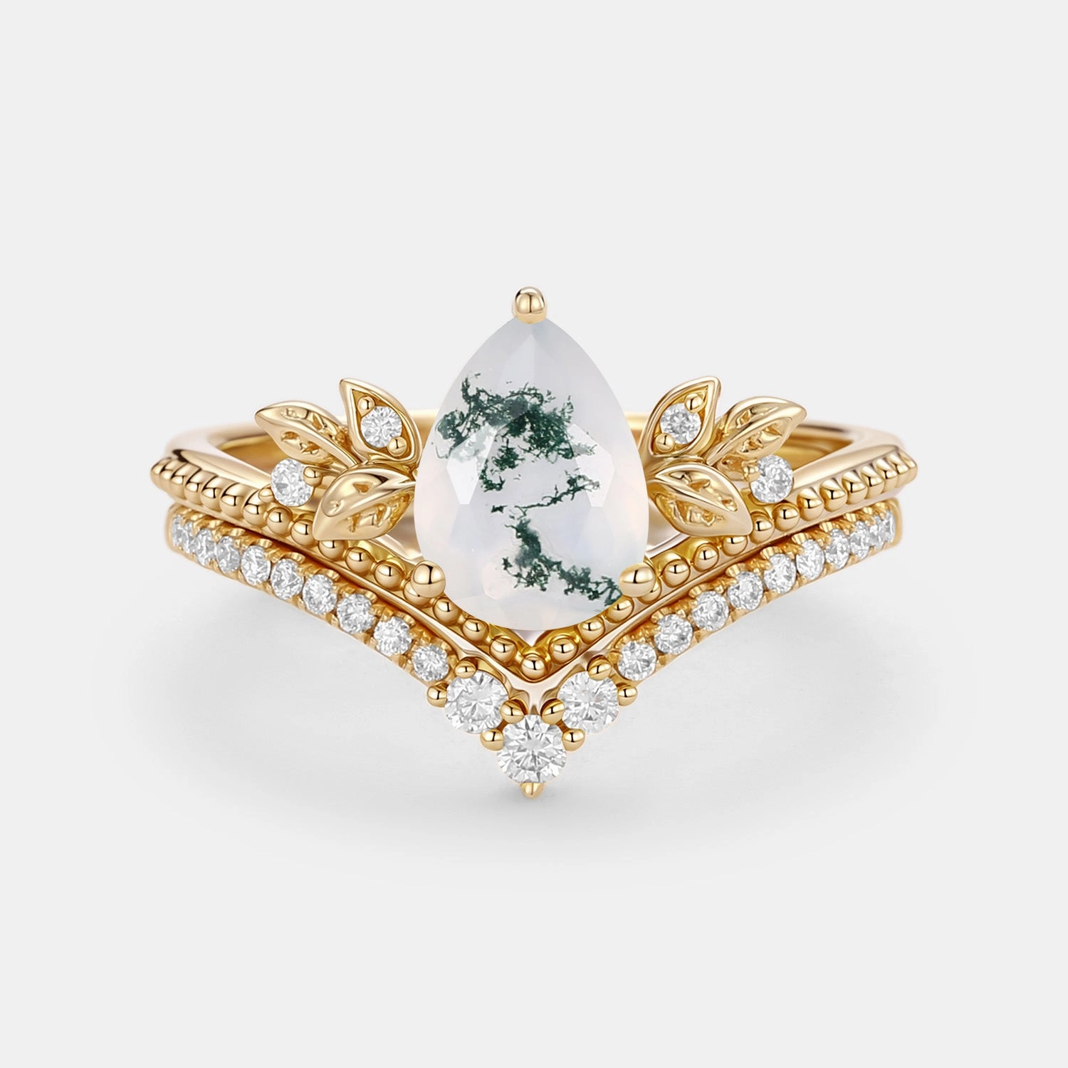 Dazzling Craft Opulent Edge Pear Cut Moss Agate Leafy Ring Set 2pcs - Aureolin