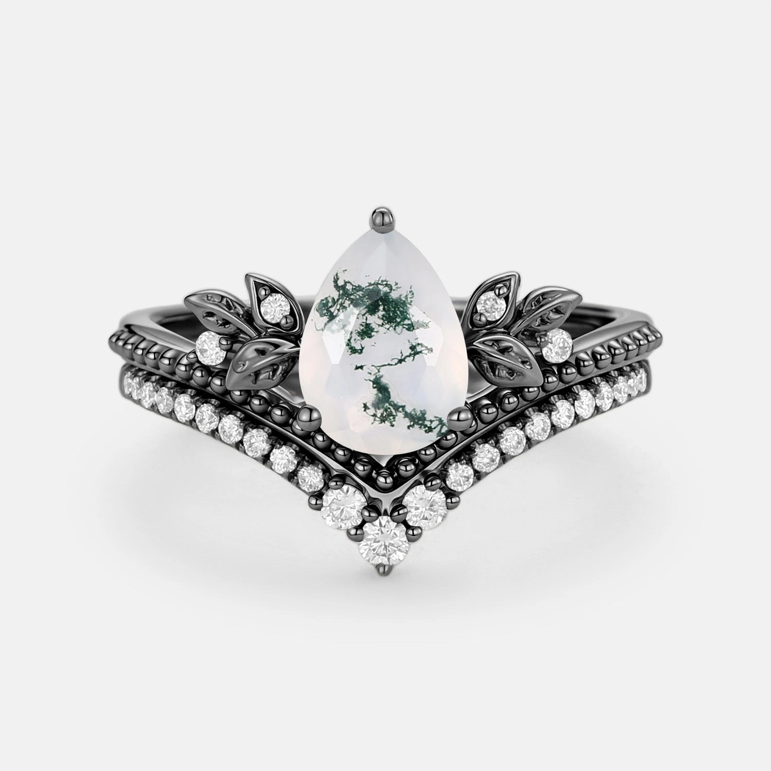 Pear Cut Moss Agate Leafy Ring Set 2pcs - Aureolin Soft Glow Brilliant Jewelry