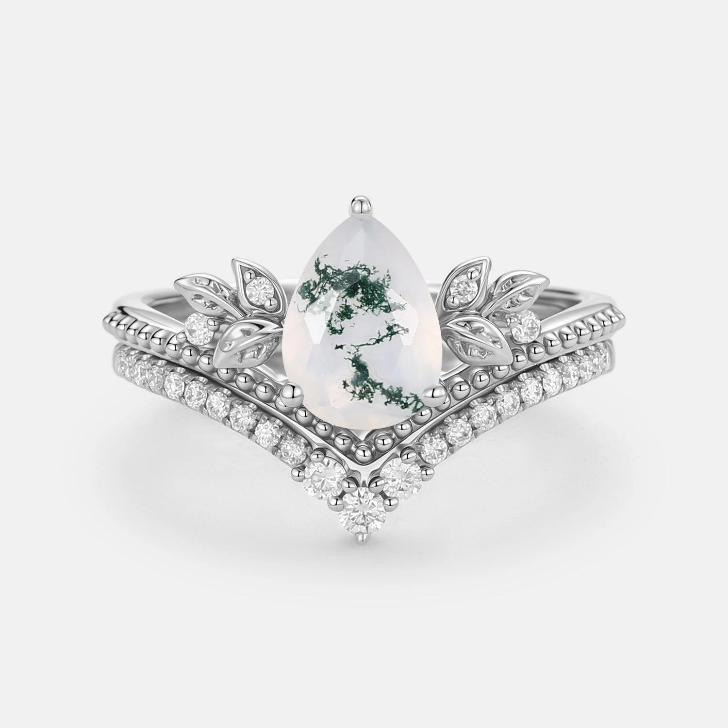 Simple Form Minimalist Accessory Pear Cut Moss Agate Leafy Ring Set 2pcs - Aureolin