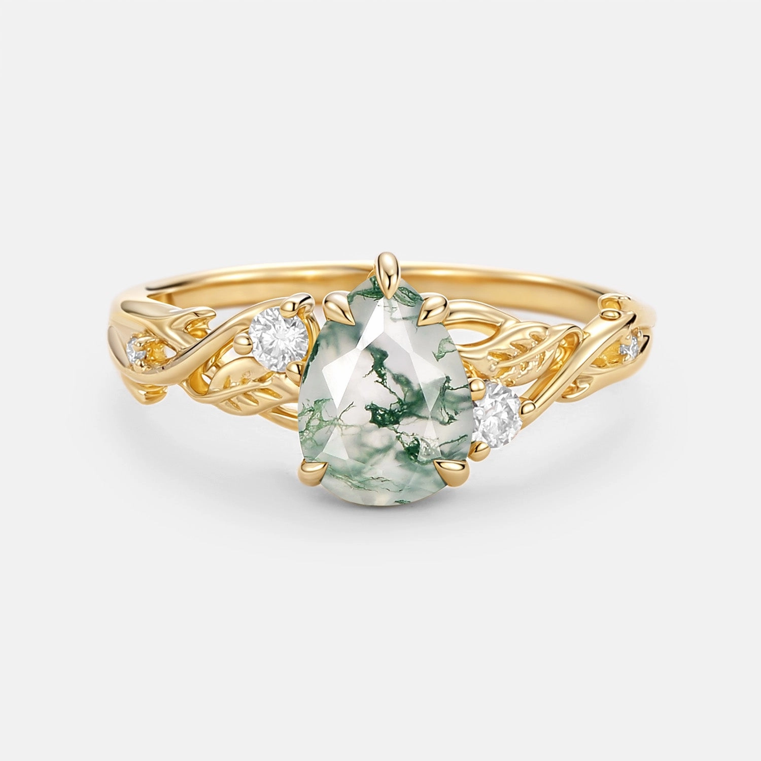 Pear Cut Moss Agate Nature Inspired Engagement Ring - Bog Distinct Detail