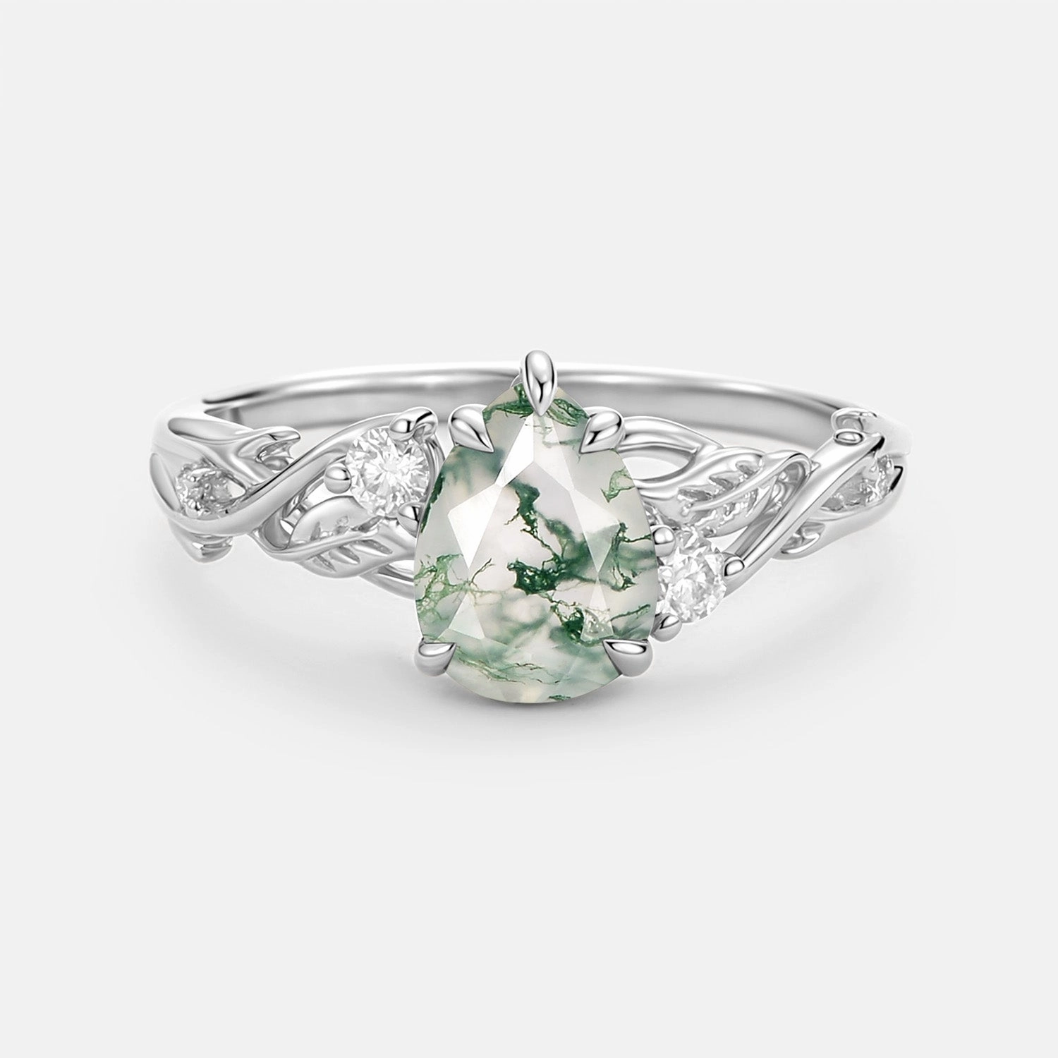 Pear Cut Moss Agate Nature Inspired Engagement Ring - Bog Lively Spark