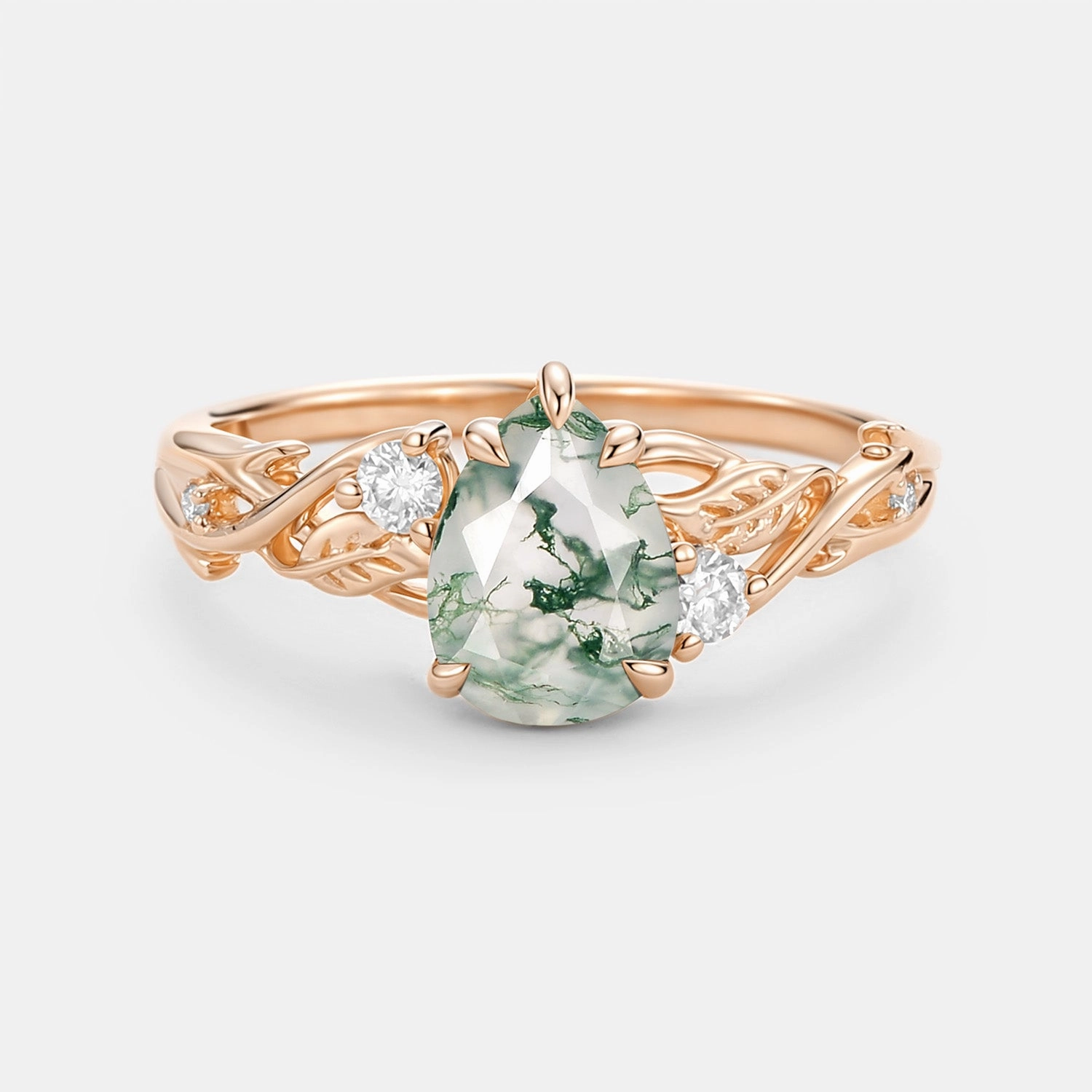 Precious Appeal Pear Cut Moss Agate Nature Inspired Engagement Ring - Bog