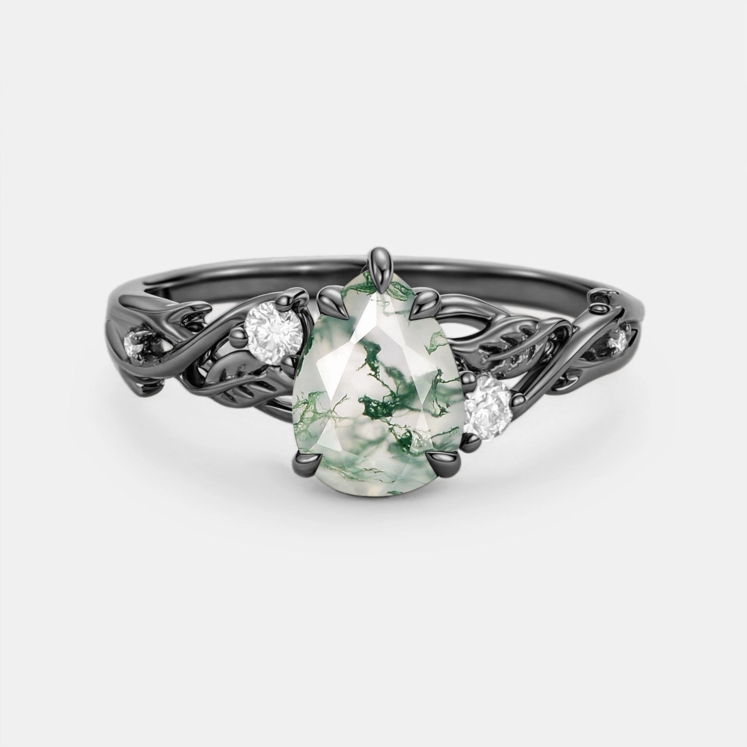 Pear Cut Moss Agate Nature Inspired Engagement Ring - Bog Amazing Jewelry