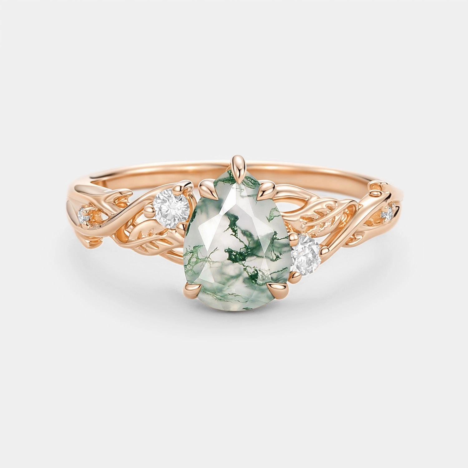 Pear Cut Moss Agate Nature Inspired Engagement Ring - Bog Traditional Token