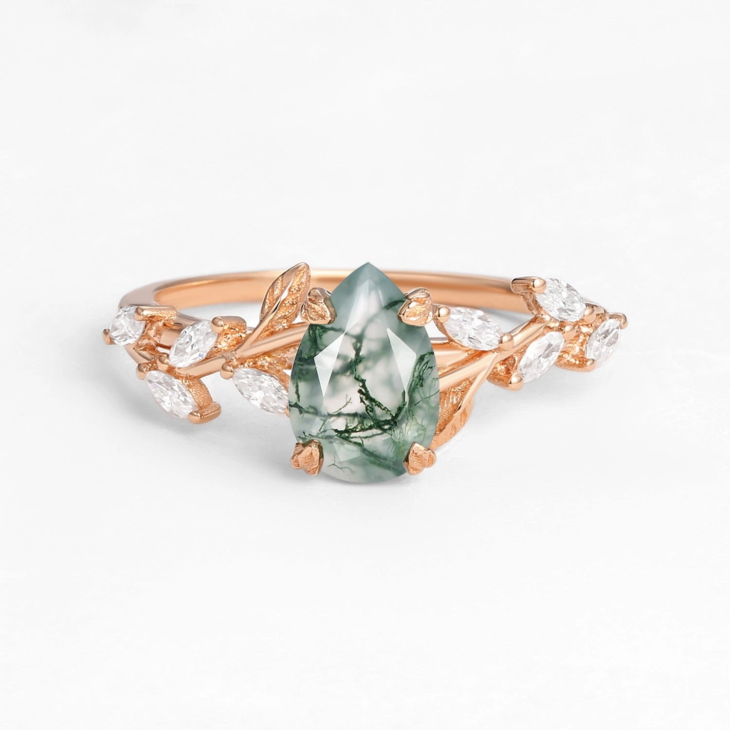 Silken Touch Pear Cut Moss Agate Nature Inspired Engagement Ring