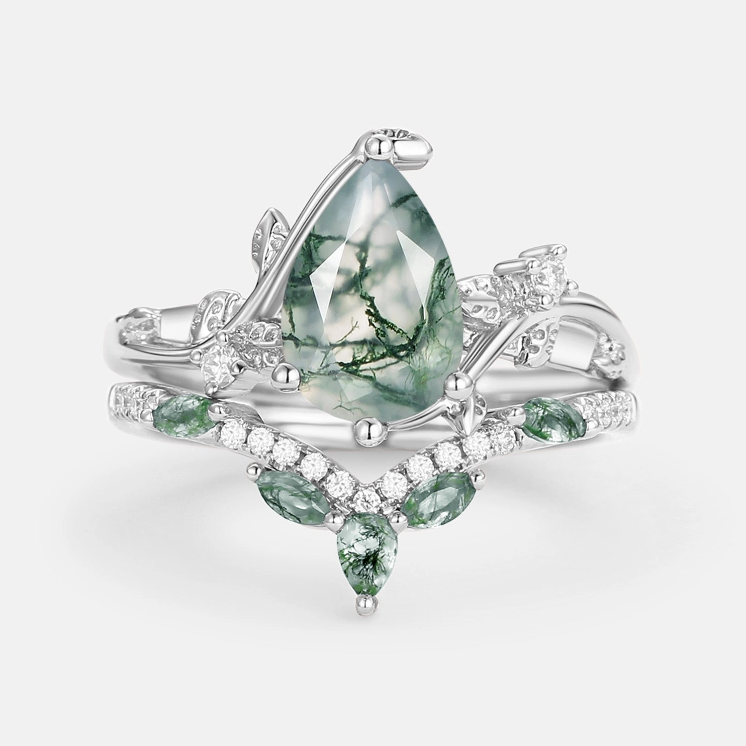 Pear Cut Moss Agate Vine Engagement Ring Set 2pcs - Twigs Contemporary Design Ethereal Mood