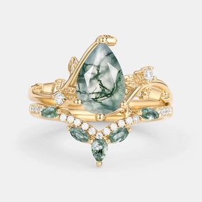 Pear Cut Moss Agate Vine Engagement Ring Set 2pcs - Twigs Versatile Charm