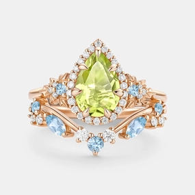 Delicate Look Pear Cut Peridot & Aquamarine Leafy Engagement Ring Set 2pcs - Liora